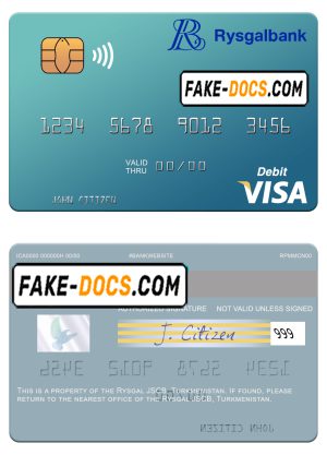 Turkmenistan Rysgal JSCB visa debit card template in PSD format