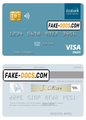 Togo Ecobank visa debit card template in PSD format Togo Ecobank visa debit card template in PSD format