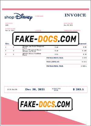 USA Disney invoice template in Word and PDF format, fully editable