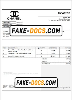 USA Chanel invoice template in Word and PDF format, fully editable
