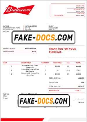 USA Budweiser invoice template in Word and PDF format, fully editable