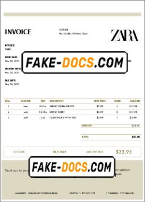 USA ZARA invoice template in Word and PDF (.doc and .pdf) format USA ZARA invoice template in Word and PDF (.doc and .pdf) format