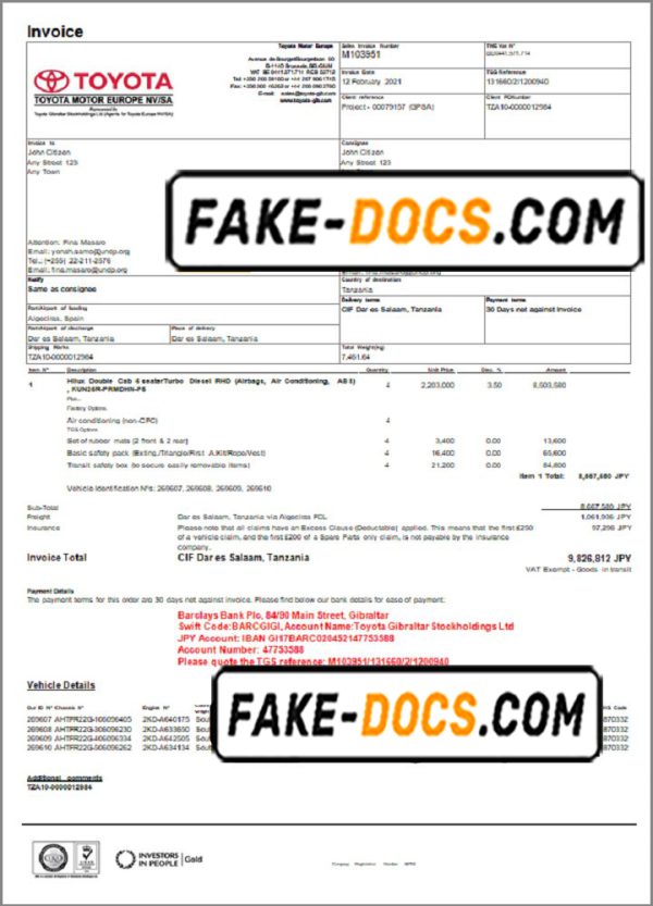 USA Toyota invoice template in Word and PDF format, fully editable