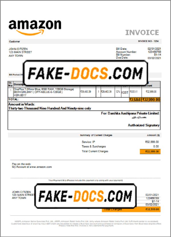 USA Amazon invoice template in Word and PDF format, fully editable