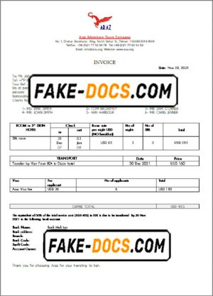 Iran Araz Tours Company invoice template in Word and PDF format, fully editable