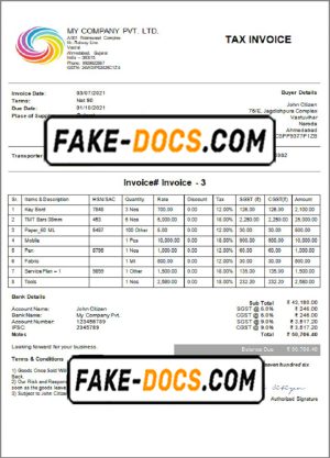 India My Company Pvt Ltd invoice template in Word and PDF format, fully editable