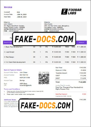India Foobar Labs Information Technology Company invoice template in Word and PDF format, fully editable, version 2