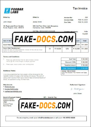 India Foobar Labs Information Technology Company invoice template in Word and PDF format, fully editable, version 1