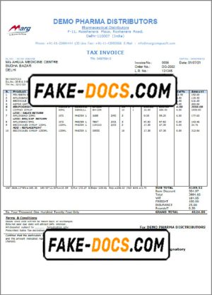 India Demo Pharma Distributor medicine consultancy services invoice template in Word and PDF format, fully editable