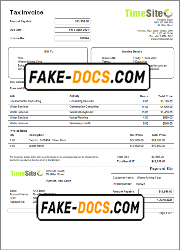 Australia TimeSite easy-to-use application invoice template in Word and PDF format, fully editable