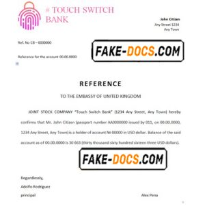 touch switch bank template of bank reference letter, Word and PDF format (.doc and .pdf)