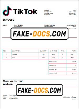 USA Tik Tok invoice template in Word and PDF format, fully editable USA Tik Tok invoice template in Word and PDF format, fully editable