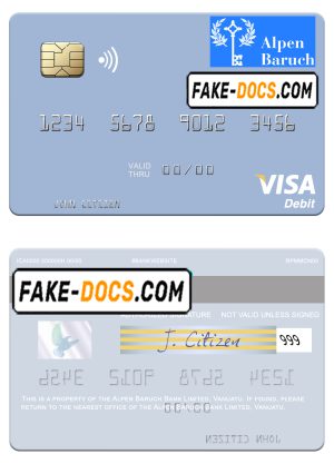 Vanuatu Alpen Baruch Bank Limited visa debit card template in PSD format
