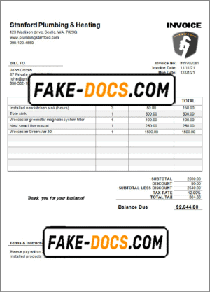 USA Stanford Plumbing & Heating company invoice template in Word and PDF format, fully editable USA Stanford Plumbing & Heating company invoice template in Word and PDF format, fully editable