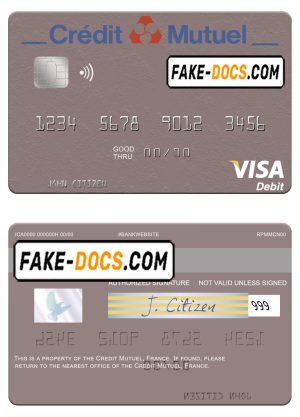 France Credit Mutuel Bank visa debit credit card template in PSD format