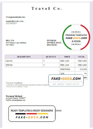 USA Travel Co. invoice template in Word and PDF format, fully editable USA Travel Co. invoice template in Word and PDF format, fully editable