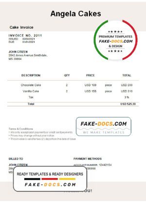 USA Angela Cakes invoice template in Word and PDF format, fully editable USA Angela Cakes invoice template in Word and PDF format, fully editable