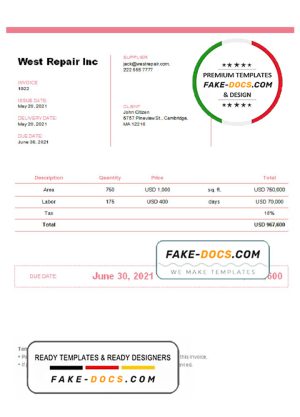 United Kingdom West Repair Inc invoice template in Word and PDF format, fully editable United Kingdom West Repair Inc invoice template in Word and PDF format, fully editable
