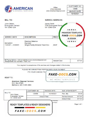 USA American Disposal invoice template in Word and PDF format, fully editable USA American Disposal invoice template in Word and PDF format, fully editable
