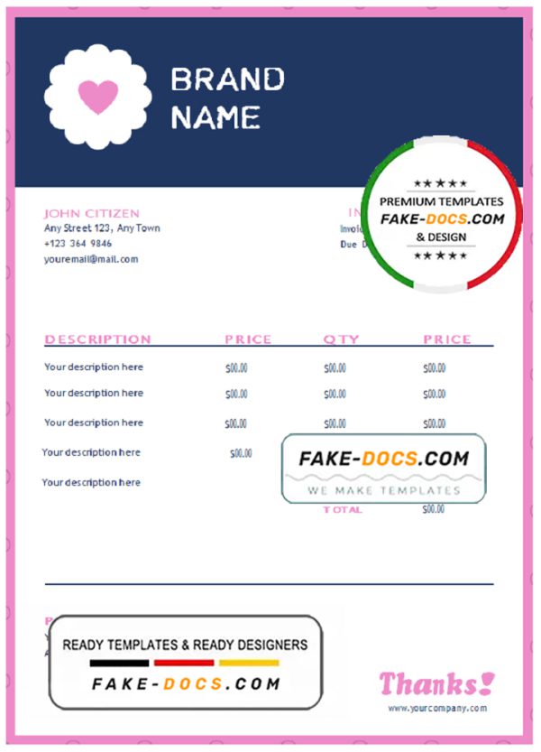 blush purpose universal multipurpose invoice template in Word and PDF format, fully editable