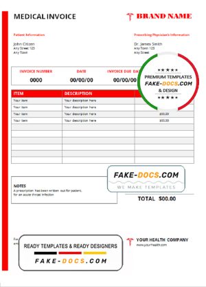 red health medical universal multipurpose invoice template in Word and PDF format, fully editable