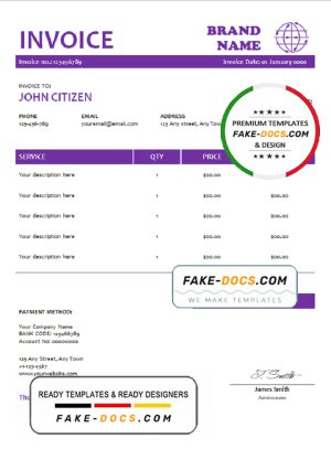 purple stamp universal multipurpose invoice template in Word and PDF format, fully editable