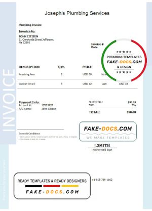 USA Joseph’s Plumbing Services invoice template in Word and PDF format, fully editable