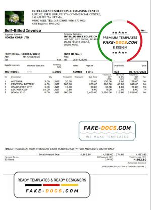 Malaysia Intelligence Solution & Training Centre self-billed invoice in Word and PDF format