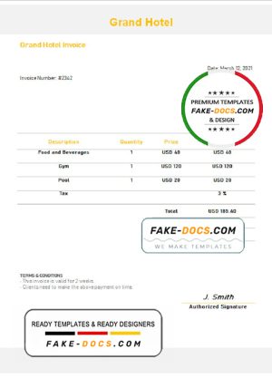 USA Grand Hotel invoice template in Word and PDF format, fully editable USA Grand Hotel invoice template in Word and PDF format, fully editable