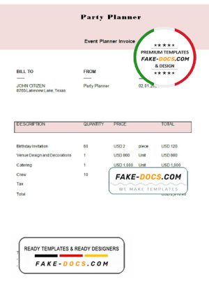 USA Party Planner invoice template in Word and PDF format, fully editable USA Party Planner invoice template in Word and PDF format, fully editable