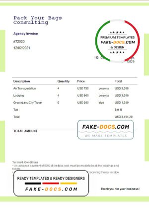USA Pack Your Bags Consulting invoice template in Word and PDF format, fully editable USA Pack Your Bags Consulting invoice template in Word and PDF format, fully editable