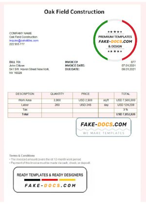 USA Oak Field Construction invoice template in Word and PDF format, fully editable USA Oak Field Construction invoice template in Word and PDF format, fully editable
