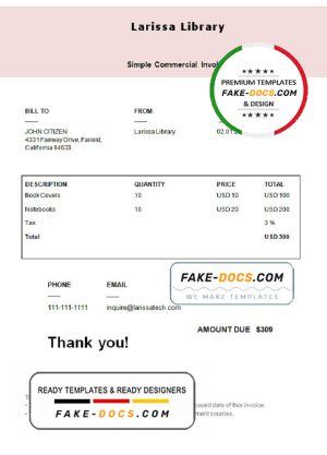 USA Larissa Library invoice template in Word and PDF format, fully editable