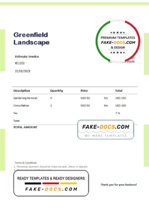 USA Greenfield Landscape invoice template in Word and PDF format, fully editable USA Greenfield Landscape invoice template in Word and PDF format, fully editable