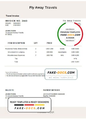 USA Fly Away Travels invoice template in Word and PDF format, fully editable USA Fly Away Travels invoice template in Word and PDF format, fully editable
