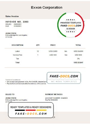 USA Exxon Corporation invoice template in Word and PDF format, fully editable USA Exxon Corporation invoice template in Word and PDF format, fully editable