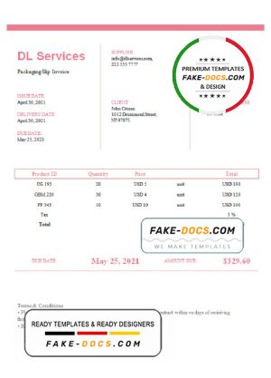 USA DL Services invoice template in Word and PDF format, fully editable