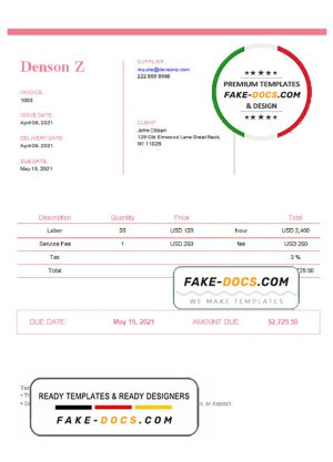 USA Denson Z invoice template in Word and PDF format, fully editable USA Denson Z invoice template in Word and PDF format, fully editable