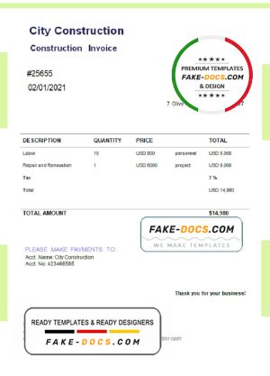 USA City Construction invoice template in Word and PDF format, fully editable USA City Construction invoice template in Word and PDF format, fully editable