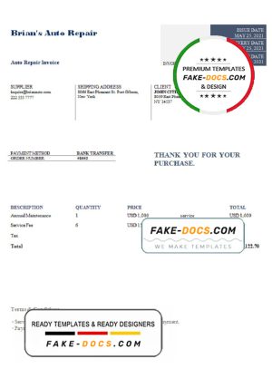 USA Brian’s Auto Repair invoice template in Word and PDF format, fully editable