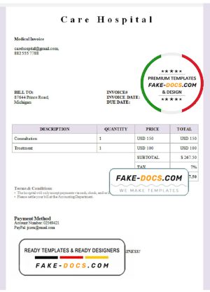 USA Care Hospital invoice template in Word and PDF format, fully editable