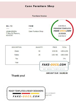 USA Cane Furniture Shop invoice template in Word and PDF format, fully editable