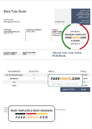 USA Black Tulip Studio invoice template in Word and PDF format, fully editable