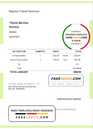 USA Azarea Travel Services invoice template in Word and PDF format, fully editable