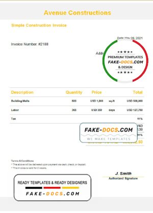 USA Avenue Constructions invoice template in Word and PDF format, fully editable