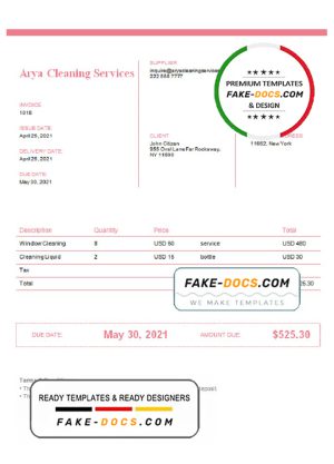 USA Arya Cleaning Services invoice template in Word and PDF format, fully editable USA Arya Cleaning Services invoice template in Word and PDF format, fully editable