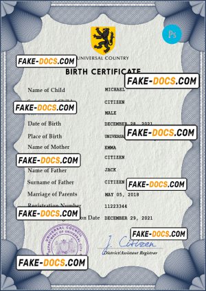 universbia universal birth certificate PSD template, completely editable