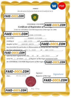 dreams universal marriage certificate Word and PDF template, fully editable