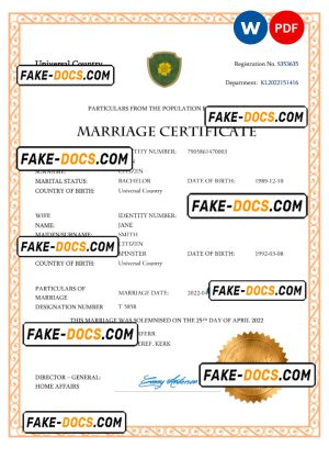 charm universal marriage certificate Word and PDF template, fully editable