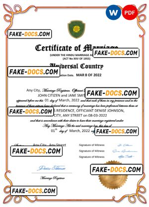 gloss universal marriage certificate Word and PDF template, completely editable